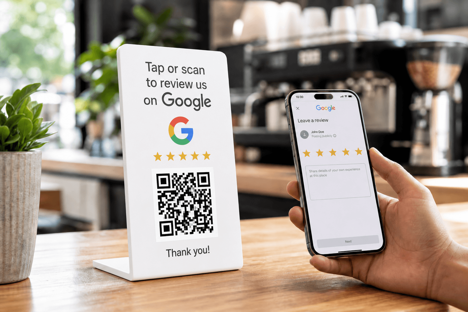 A generic white NFC and QR Google review stand on a cafe counter, with a phone held next to it.